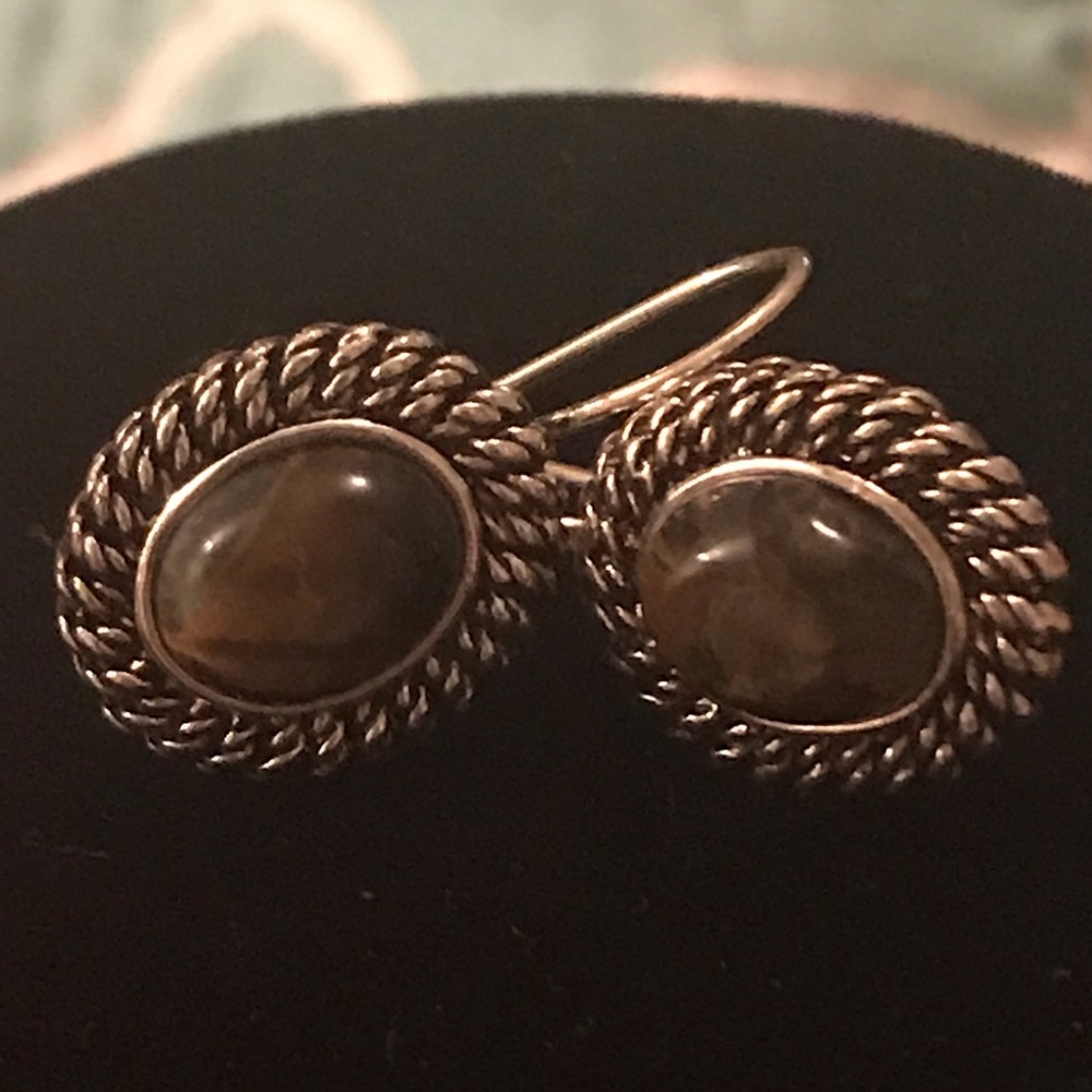 Cats Eye Brown Stoned Silver Tone Earrings NWOT